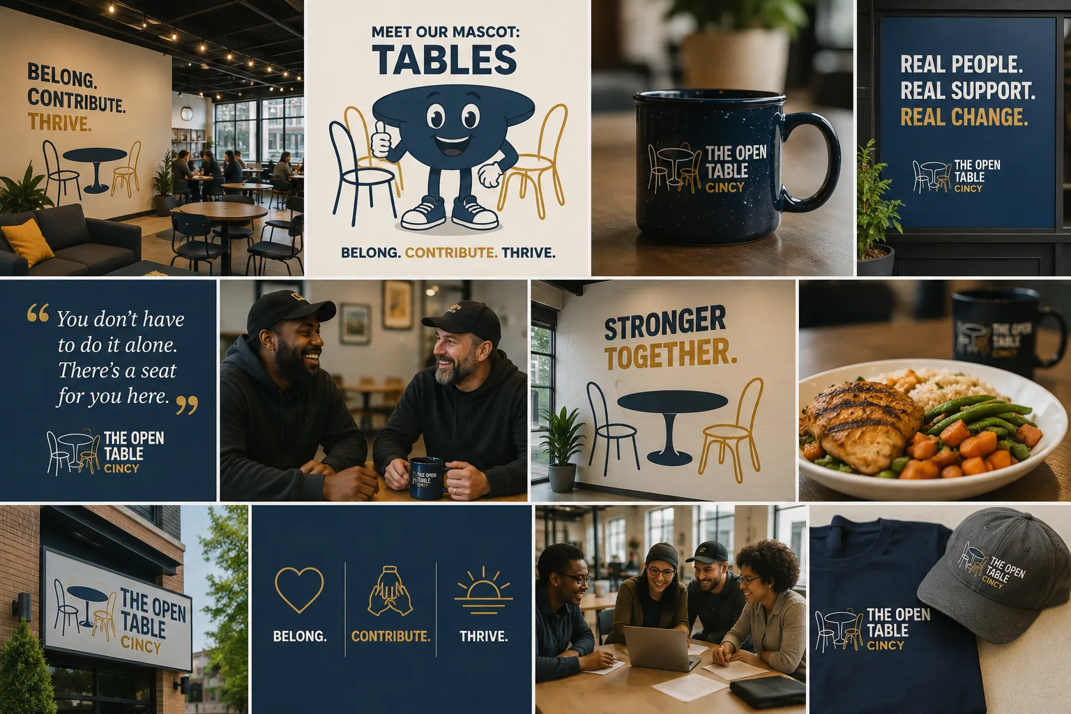 Open Table Cincy brand collage with community scenes, messages, merchandise, and food.