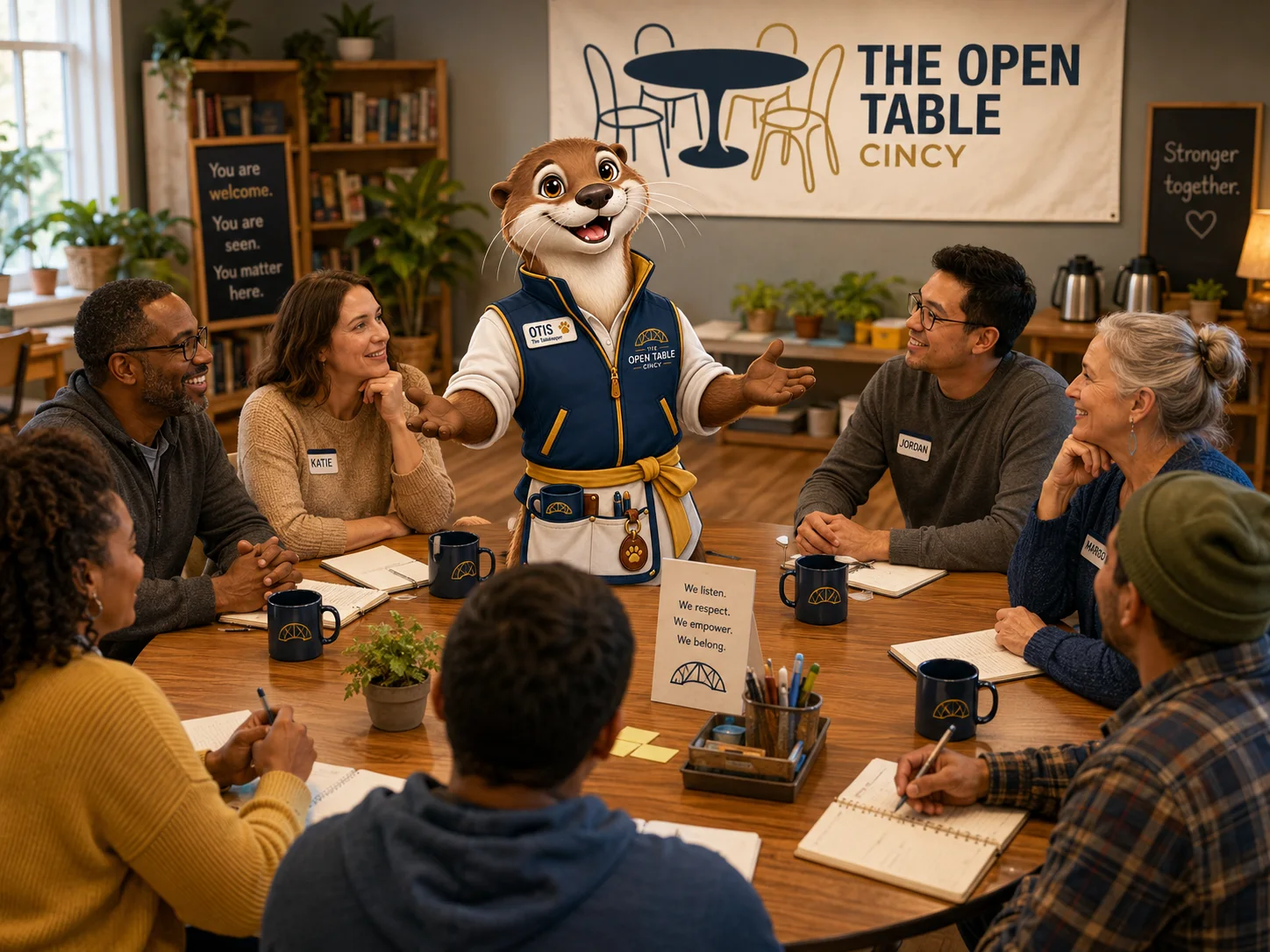 Otis supporting a diverse roundtable conversation in an Open Table Cincy community room.