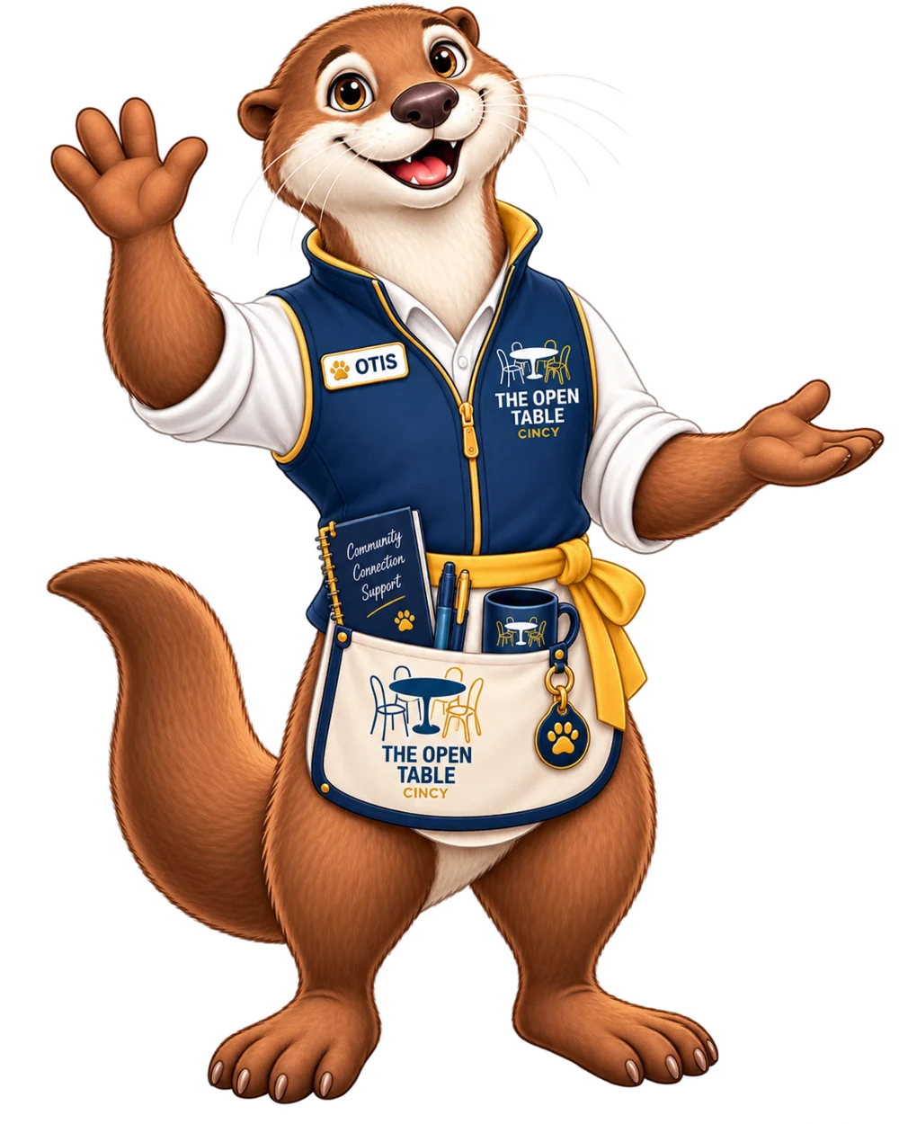 Otis the Tablekeeper waving and holding community connection tools.