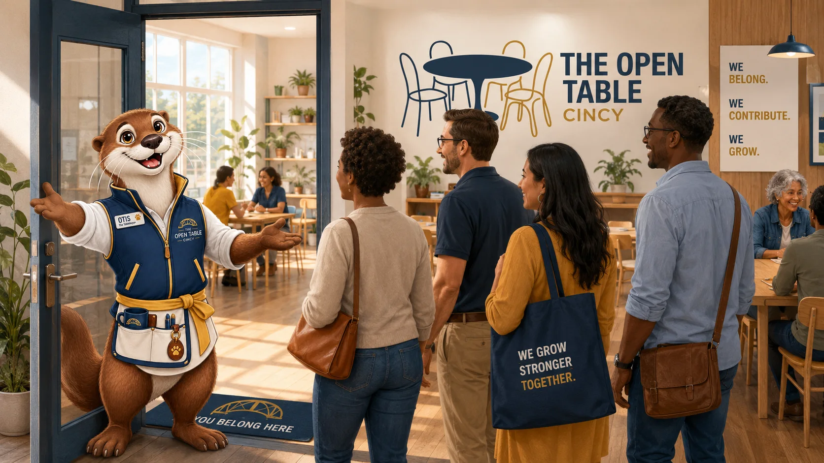 Otis welcoming several people through the doorway of a bright Open Table Cincy community space.