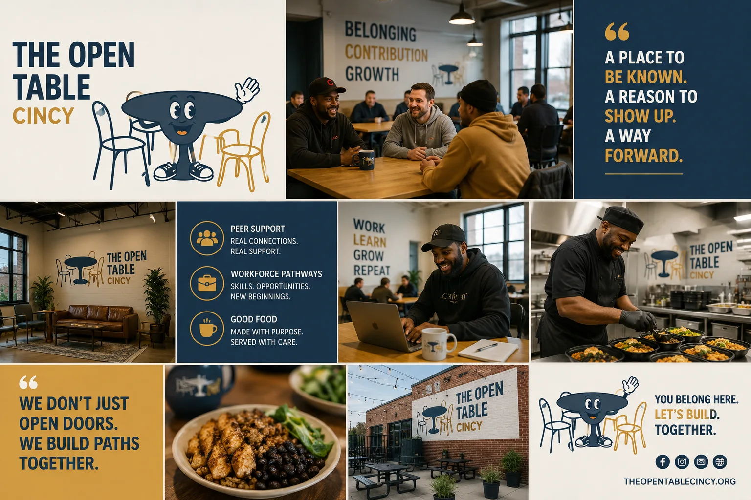 Open Table Cincy program collage showing clubhouse, peer support, workforce, food, and welcome messages.